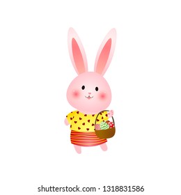 Cute rosy easter bunny with basket of eggs isolated on white background