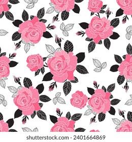Rosas rosas rosadas raras vectores sin fisuras. Hermosas hojas negras y hojas de arte de línea. Tela fina y elegante sobre fondo blanco Patrón de superficie.
