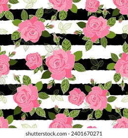 Cute rosy pink roses vector seamless pattern.Beautiful green leaves and line art leaves. Stylish fine fabric on white background Surface pattern.