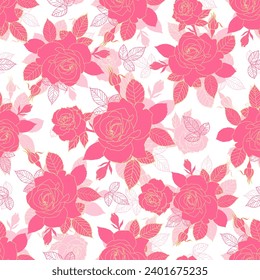 Cute rosy pink roses vector seamless pattern.Beautiful pink leaves and line art leaves. Stylish fine fabric on a white background Surface pattern.
