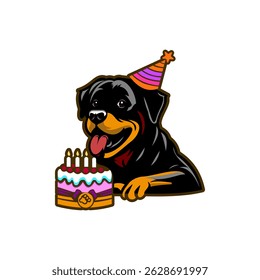 Cute Rottweiler Dog with Birthday Cake and Party Hat Illustration