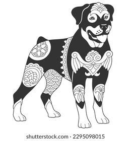 Cute rottweiler dog design. Animal coloring page with mandala and zentangle ornaments