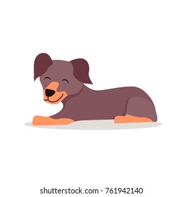 Cute rottweiler puppy lies with closed eyes and relax isolated cartoon flat vector illustration on white background. Domestic pedigree animal in good mood.