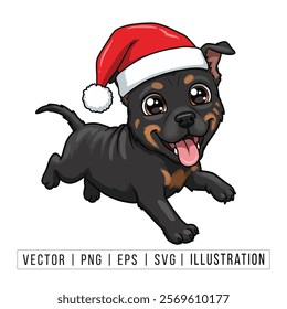 Cute Rottweiler Puppy in Santa Hat - Christmas Cartoon Vector Illustration