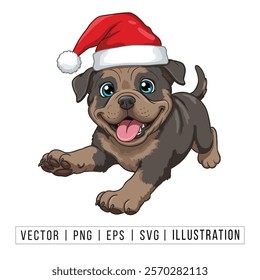 Cute Rottweiler Puppy in Santa Hat - Christmas Cartoon Vector Illustration