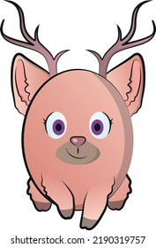 Cute Round Abstract Animal With Big Ears And Horns Looking Forward. Vector Illustration.