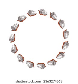 Cute round acorns frame. Fall season border. Autumn background. Design for creating invitations, posters, cards, banner. 
Place for your text. Vector illustration.