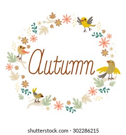 Cute round autumn frame with vintage birds leaves and flowers design