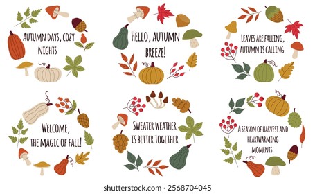 Cute round autumn frames with funny quotes about autumn season. Fall wreaths with pumpkins and leaves mushrooms and berries.  