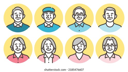 Cute round avatar icons set of senior man and woman [Vector illustration].