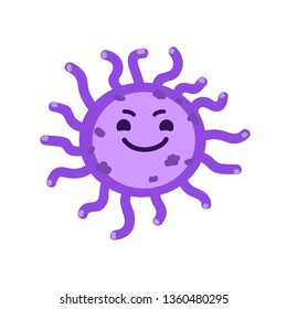 Cute round bacterium smiles wickedly. Isolated vector illustration