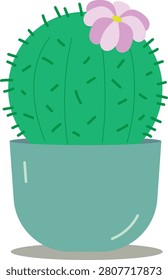 Cute round barrel cactus with a pink flower in a blue pot vector illustration, flat design potted desert plant for interior decor