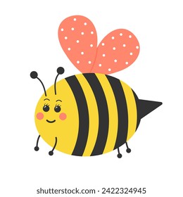 Cute round bee. Kawaii character. Cartoon flat vector illustration.