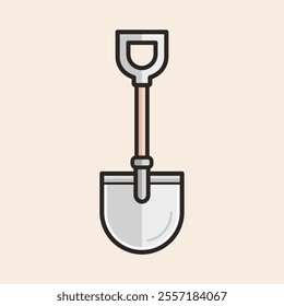 Cute round blade shovel with metal handle grip, wooden shaft and grey metal socket and blade with reflex lines details filled vector icon