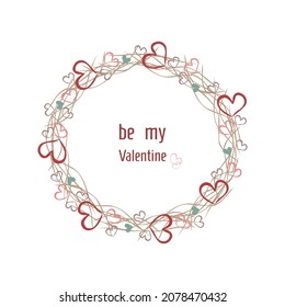 Cute round border with space for text. Romantic wicker frame with multicolored hearts on a white background. Suitable for illustrations, Valentine's Day, postcards, invitations, congratulations