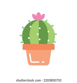 Cute round cactus with a flower in a pot. Design element for house plants, home interior, flower shop. Print, banner, children's drawing