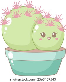 Cute Round Cactus With Little Pink Flower in Blue Pot. Simple House Plant Cacti Illustration.