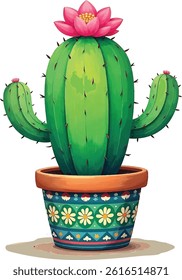 Cute Round Cactus with Orange Flower in Patterned Pot – Vector Illustration for Stickers and Decor