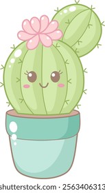 Cute Round Cactus With Pink Flower in Blue Pot. Simple House Plant Cacti Illustration.