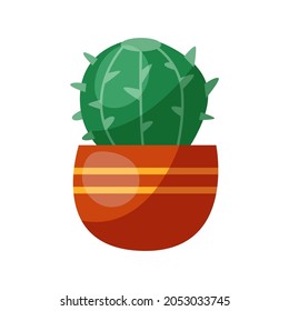 Cute round cactus in a pot. Home plant.Room green cactus.Vector cartoon isolated on white background,flat style