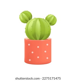 Cute round cactus in red flowerpot 3D illustration. Cartoon drawing of exotic or tropical plant with spines in pot in 3D style on white background. Nature, botany, decor, houseplants concept