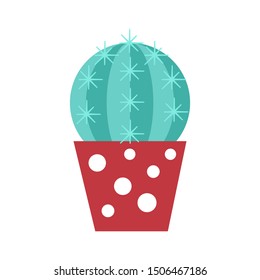 Cute round cactus in red pot. Houseplant isolated on white background. Flat vector illustration.