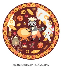 Cute round card with raccoon baker and bakery products. Vector illustration.