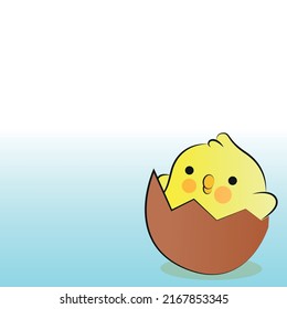 Cute round cartoon chicken in eggshell on blue background. Vector illustration.
