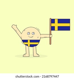 Cute Round Cartoon Mascot Character holding Sweden Flag