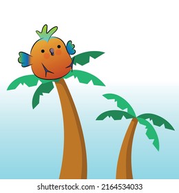 Cute round cartoon parrot on a palm tree. Vector illustration.