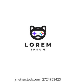 Nette runde Katze mit Joystick-Brille Logo-Design. Abgerundeter Katzenkopf mit Joystick-Brille Logo-Design.