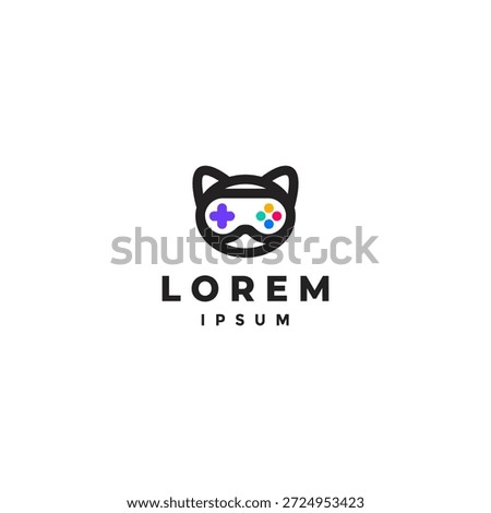 Cute Round Cat with Joystick Glasses Logo Design. Rounded Cat Head Wearing Joystick Goggles Logo Design.