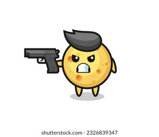 la tira de personaje de queso redondo lindo con arma, diseño de estilo lindo para camiseta, pegatina, elemento logo