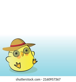Cute round chicken in a hat and glasses on the sea. Vector illustration.