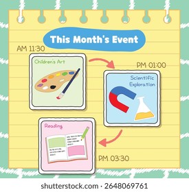 A cute and round, child-friendly monthly event template featuring art, science, and reading themes on a green checkered background