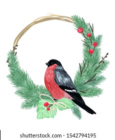 Cute round Christmas wreath with spruce branches and bullfinch. Imitation of hand drawing. Vector illustration isolated on white background.