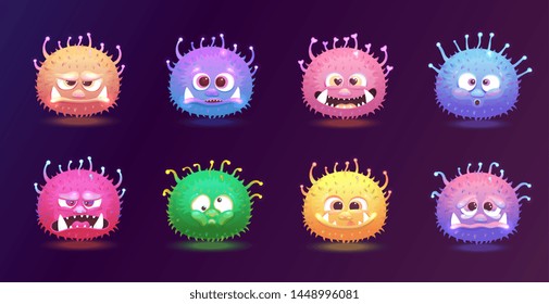 Cute round colorful monster set with funny facial expressions, hairy cartoon alien creatures with happy, sad, angry faces isolated on dark background, vector illustration