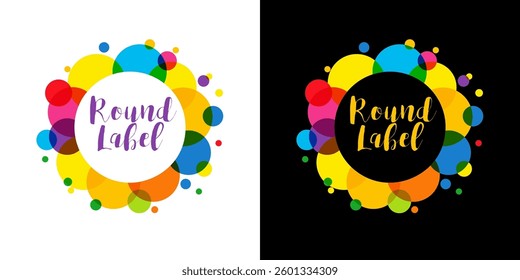 Cute round coloured label, advertising design. Branding identity creative element in black and white background. Abstract border. Colorful confetti. Colored icon or logo template. Sale graphic concept