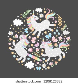 Cute round composition with magic unicorns, butterflies, clouds, flowers and leaves. Vector illustration for print on t-shirts, greeting or invitation cards.
