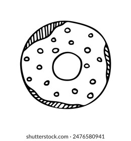 Netter runder Donut im Doodle-Stil ohne Füllung mit dekorativer Glasur und Streuseln. Handzeichnen Vektorgrafik Food Illustration für Poster Design. Isoliert auf weißem Hintergrund.