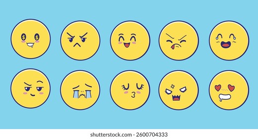 Cute round emoji face vector set with different expressions such as happy, sad, angry, crying, love, and laughing. Perfect for stickers, social media, mobile apps, chat reactions, digital designs.