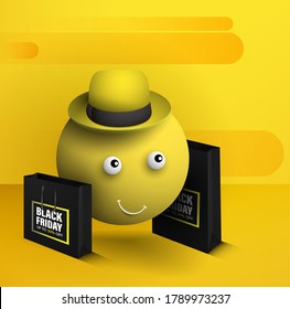 cute round emoticon with packages BLACK FRIDAY. Realistic black cardboard packages on yellow background. Sales, discounts on goods for buyers