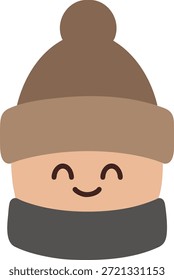 Um rosto redondo bonito vestindo um gorro marrom tricô e cachecol com uma expressão feliz.