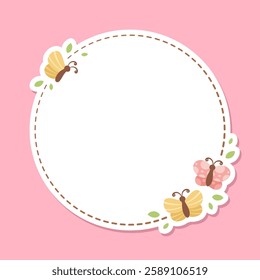 Cute Round Floral Butterfly Frame. Spring Summer Border Vector Illustration.