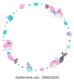 Cute round frame of amazing lovely girls mermaids with bubbles, seashells, fishes and starfish. Cartoon magical underwater world on a white background. Place for text. Copy space. Vector.