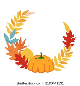 Cute round frame of autumn leaves and pumpkin