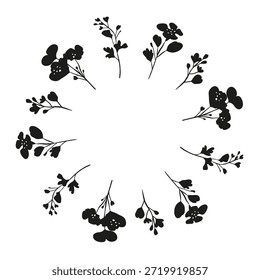 Cute round frame with black hand drawn canola rapeseed flower silhouettes isolated on white background.