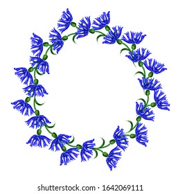 Cute round frame of blue cornflowers on a white background. Suitable for invitations, postcards, business cards, banner design, spring promotions, napkins, bags, dishes.