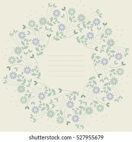 Cute round frame with chamomile flowers and leaves can be used for greeting cards, baby shower cards, invitations, covers and more designs.
