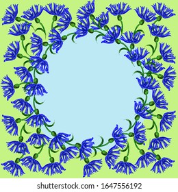 Cute round frame with cornflowers on a green background. Suitable for postcards, greetings, banners, invitations, packages.